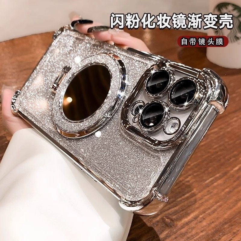 Glitter mirror magnetic stand iphone 17 case, compatible with apple 15, minimalist four-corner transparent electroplated soft case