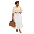 European and american cross-border women's fashion:  summer new arrival - casual chic striped cropped blouse with turn-down collar and unique design