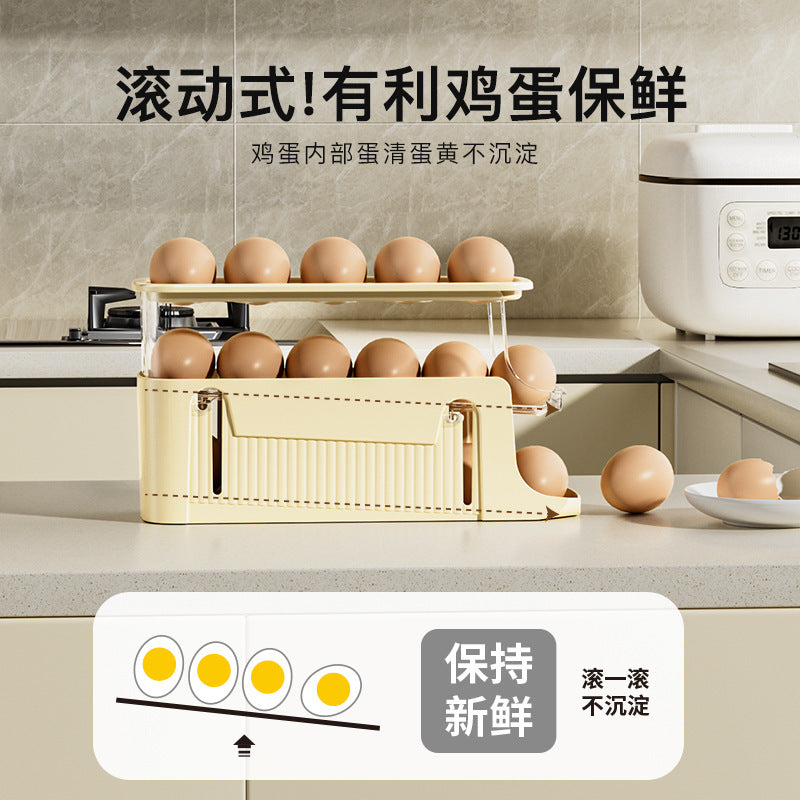 Egg storage box Large capacity slide type egg roller Fresh-keeping refrigerator Side door Three-layer folding rolling egg rack holder