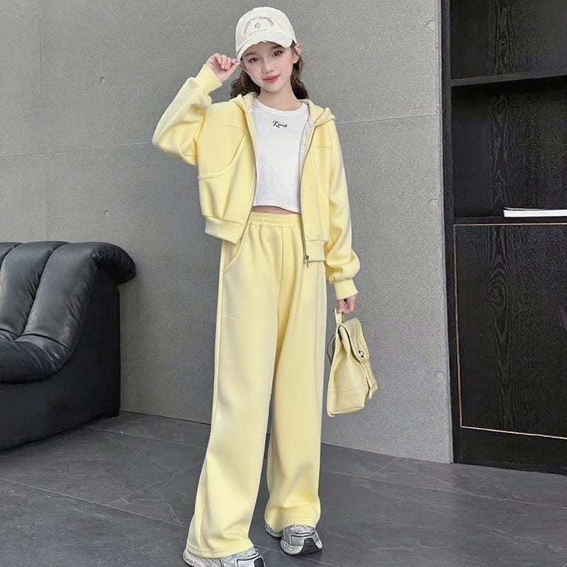 Girls' spring/autumn casual two-piece set:  new fashion wide-leg pants solid color activewear set - stylish and trendy