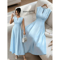 Women's summer new fashion elegant solid color textured fabric ruched waist sleeveless a-line maxi dress