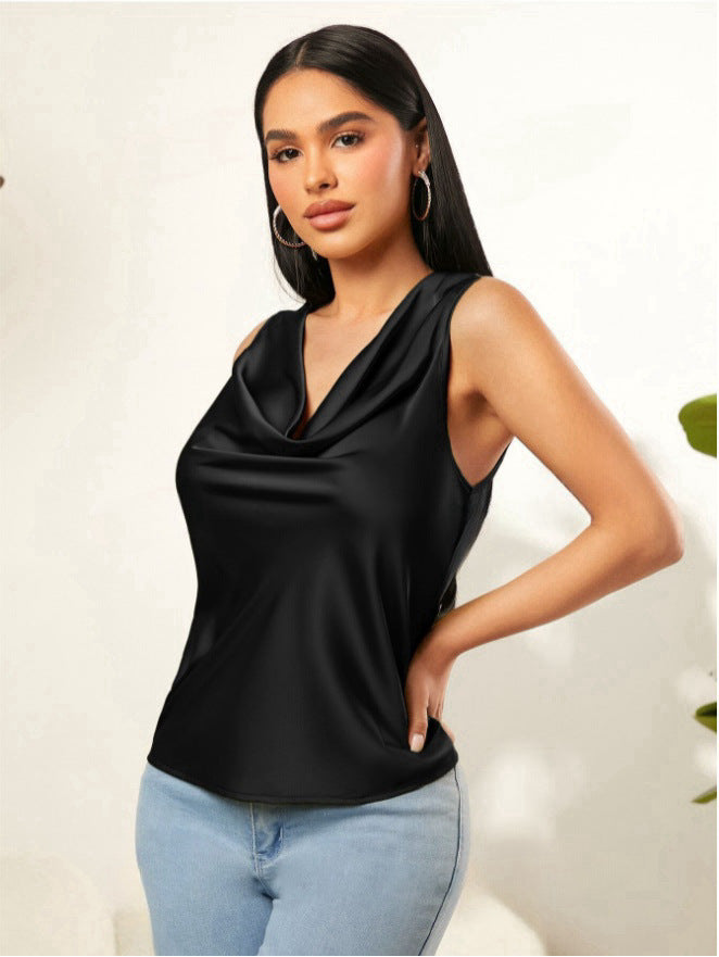 summer new satin ruched neck solid color sleeveless tank top - wholesale european and american style sleeveless tops