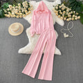 Gentle wind pink tie backslimming lookpullover hooded knittinglong sleevessweatshirthigh waiststraight-legloose pantsembroidersuit