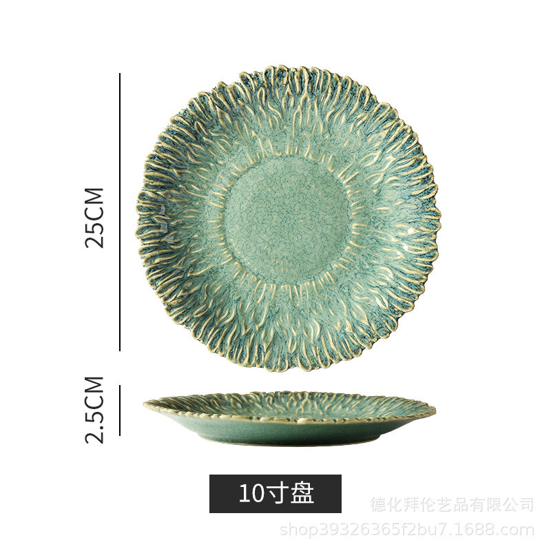 Kiln-turned retro style grids ceramic flower plate creative for home sunflower plate fruit salad plate japanese style plate