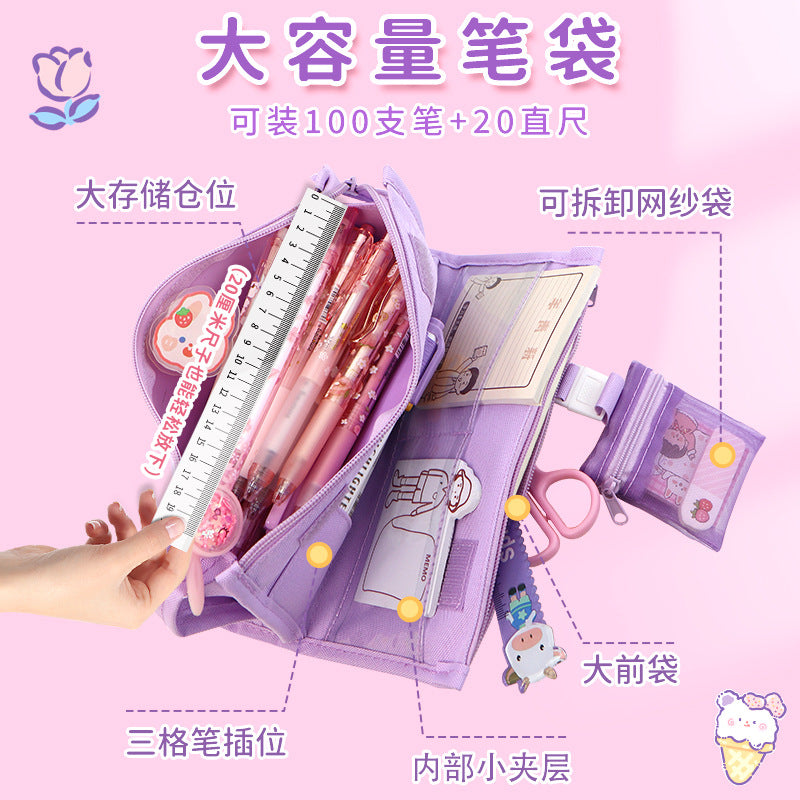 Large capacity multi-functional canvas pencil case ins high value school pencil case Japanese girls primary school students stationery bag