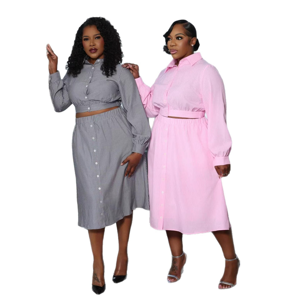 European and american cross-border women's fashion:  summer new collection - stylish notch collar striped cropped blouse and high-waisted midi skirt set