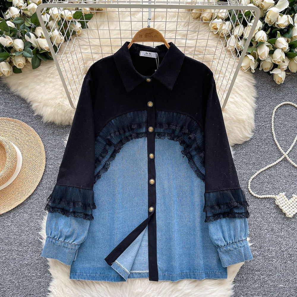 Korean ins style sense of designlacepatchworkcontrast colorlong sleeves denim shirt women's looseeasiest for match single breastedoutwear