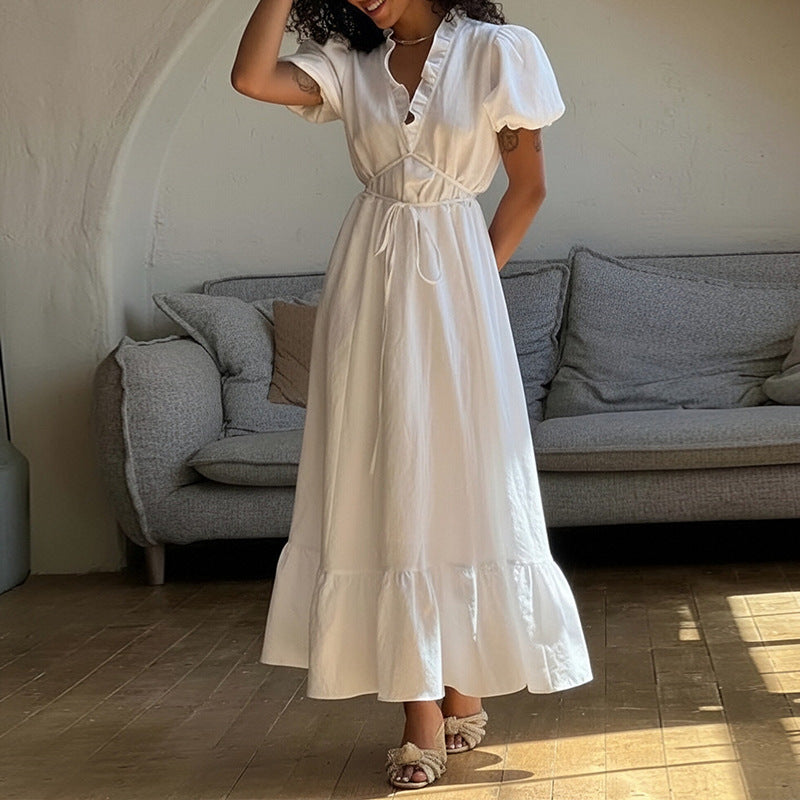 european and american export women's clothing: new summer dresses - french chic solid color tie-waist bubble sleeve maxi dress