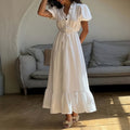 european and american export women's clothing: new summer dresses - french chic solid color tie-waist bubble sleeve maxi dress