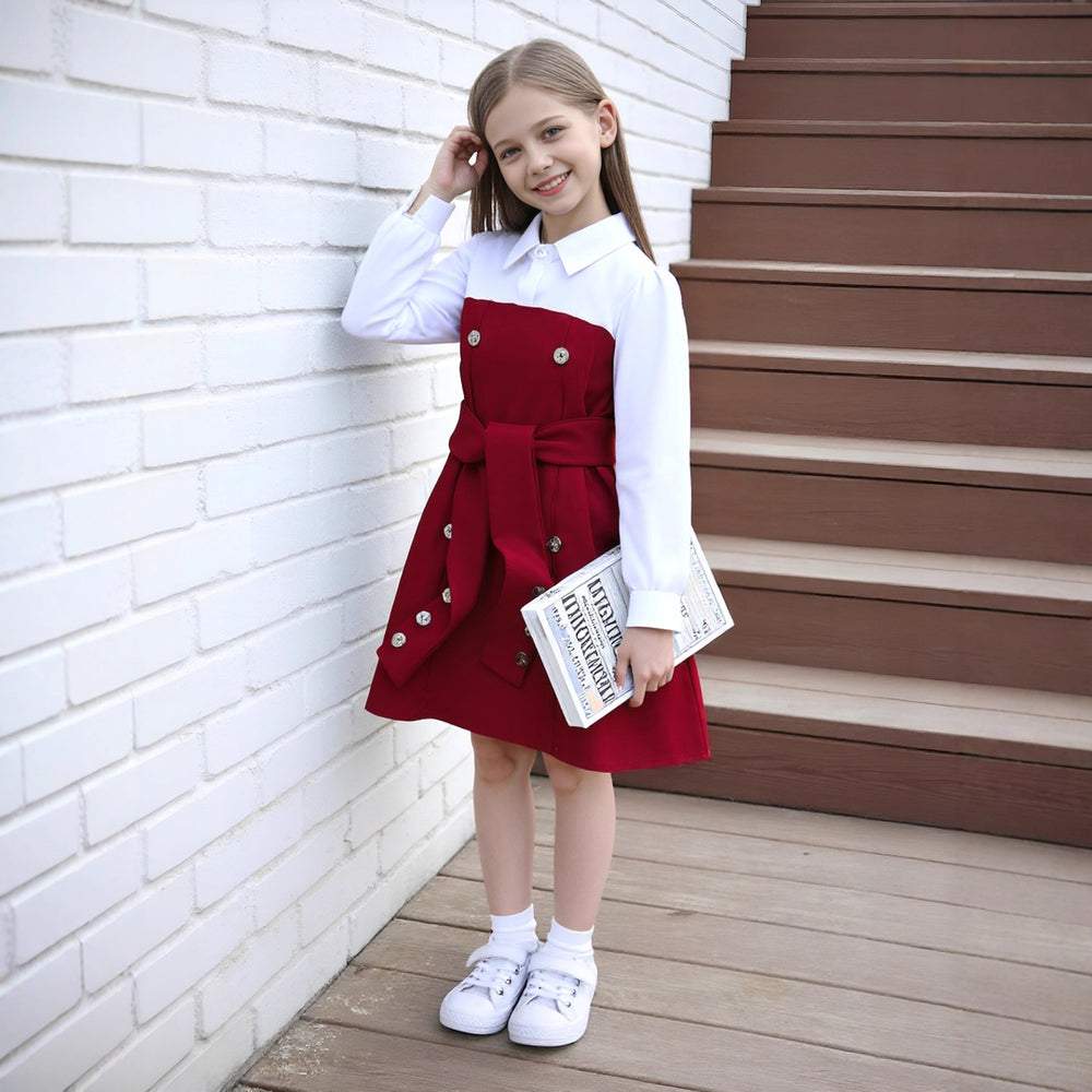 Girls' dress, button-down collar patchwork dress + belt