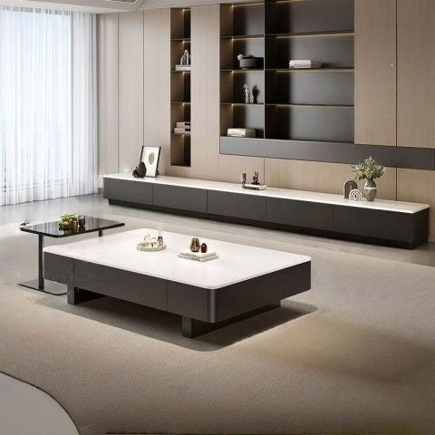 New sintered stone coffee table for living room, modern minimalist light luxury style, compact high-end tv stand with tempered glass top