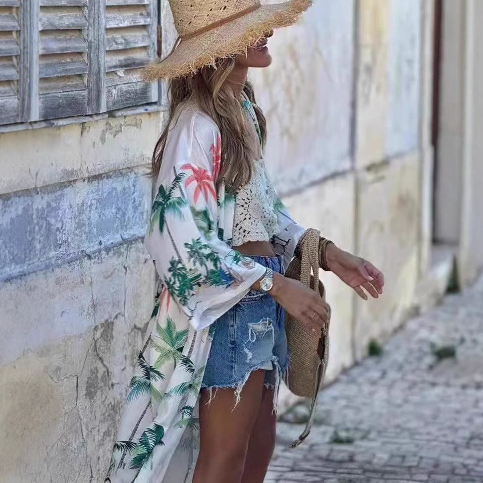 Europe, America and   2025 summer new casual printing long sunscreen shawl cardigan jacket women