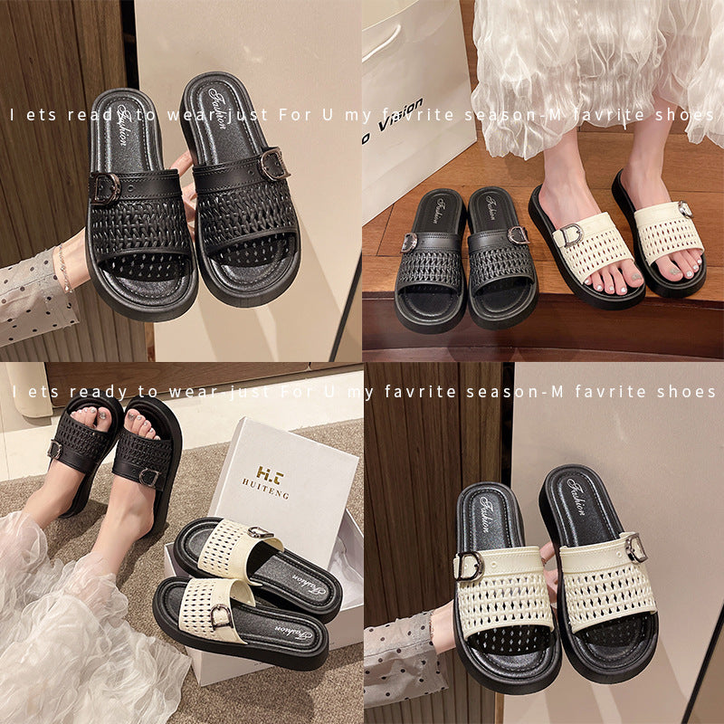 Women's summer slippers 2025 new thick-soled hollow-out buckle strap beach sandals fairy style with skirt one-strap slippers