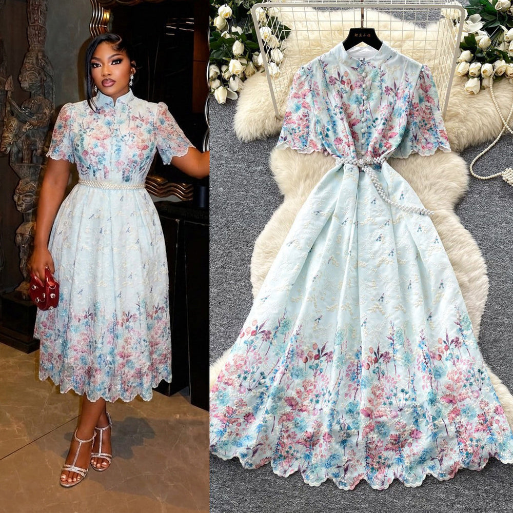 Vintage floral hollow-out short sleeve lace embroidery dress - women's summer high-waisted a-line maxi dress - slimming and elegant