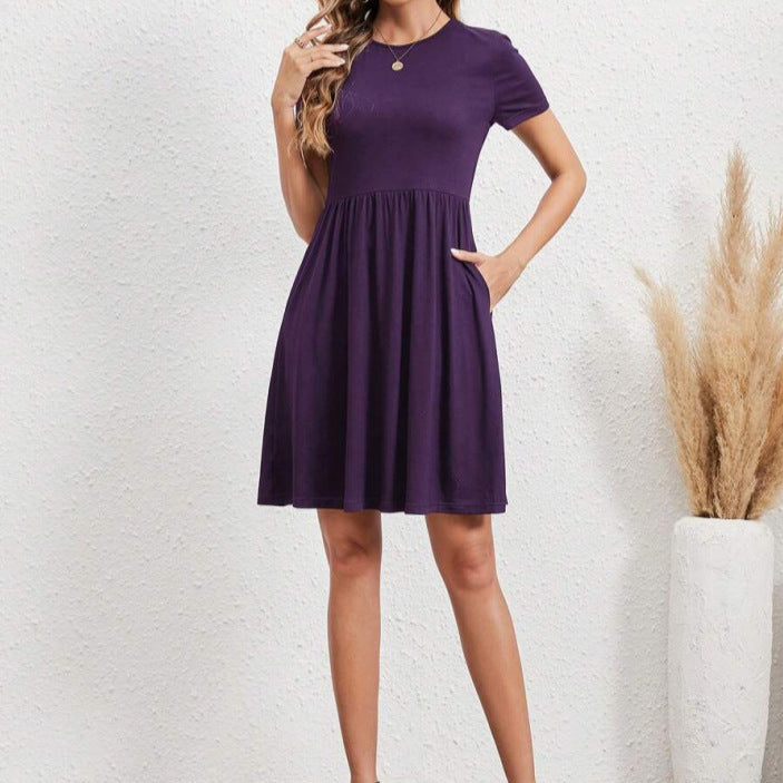 Women's european and american style minimalist solid color short sleeve dress - elegant round neck midi dress