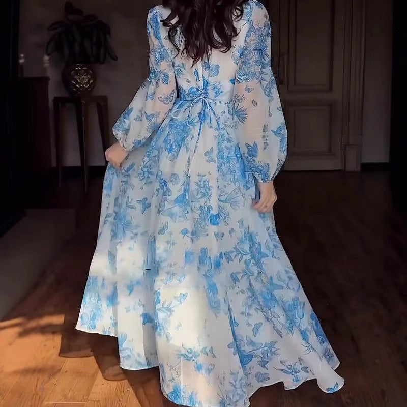 summer new arrival: european and american  high-waisted, elegant, french-style, slim-fit, long, flowy vacation dress