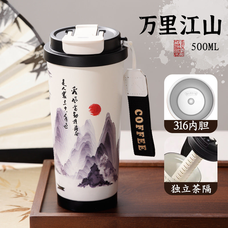 Ink style national trend portable thermos cup chinese style double drinking lid coffee cup 316 stainless steel ceramic liner water cup