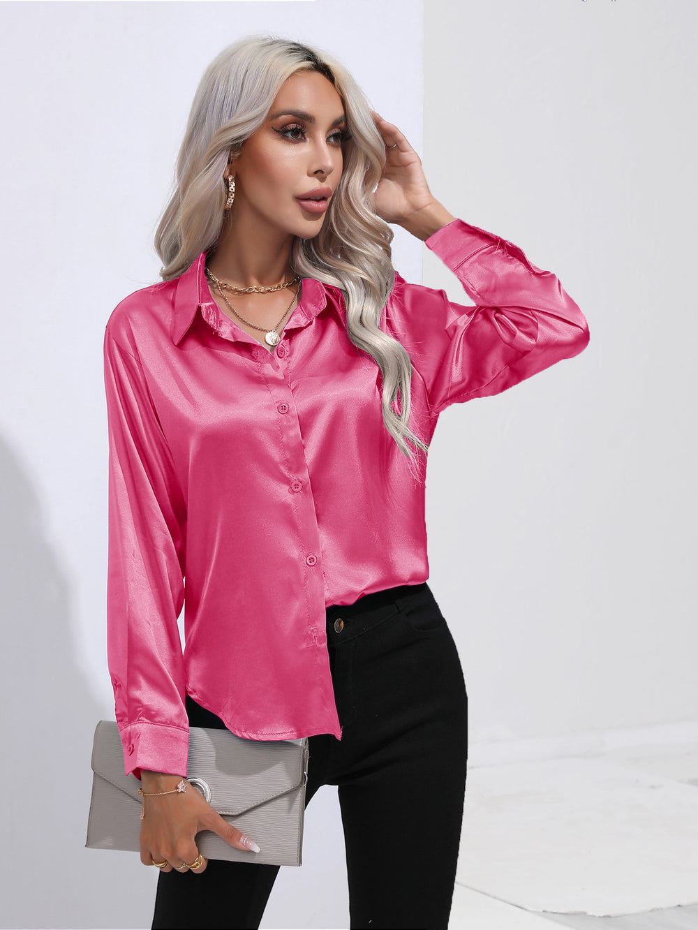 Hot-selling real shot: women's satin shirt - faux silk long sleeve blouse, new spring/summer collection, european & american cross-border women's fashion
