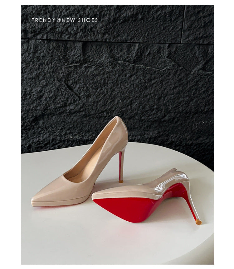 Patent leather high heels for women new arrivalfrenchelegant pointed toe waterproof platform non-tiring feet stiletto work clothingflats nude flats