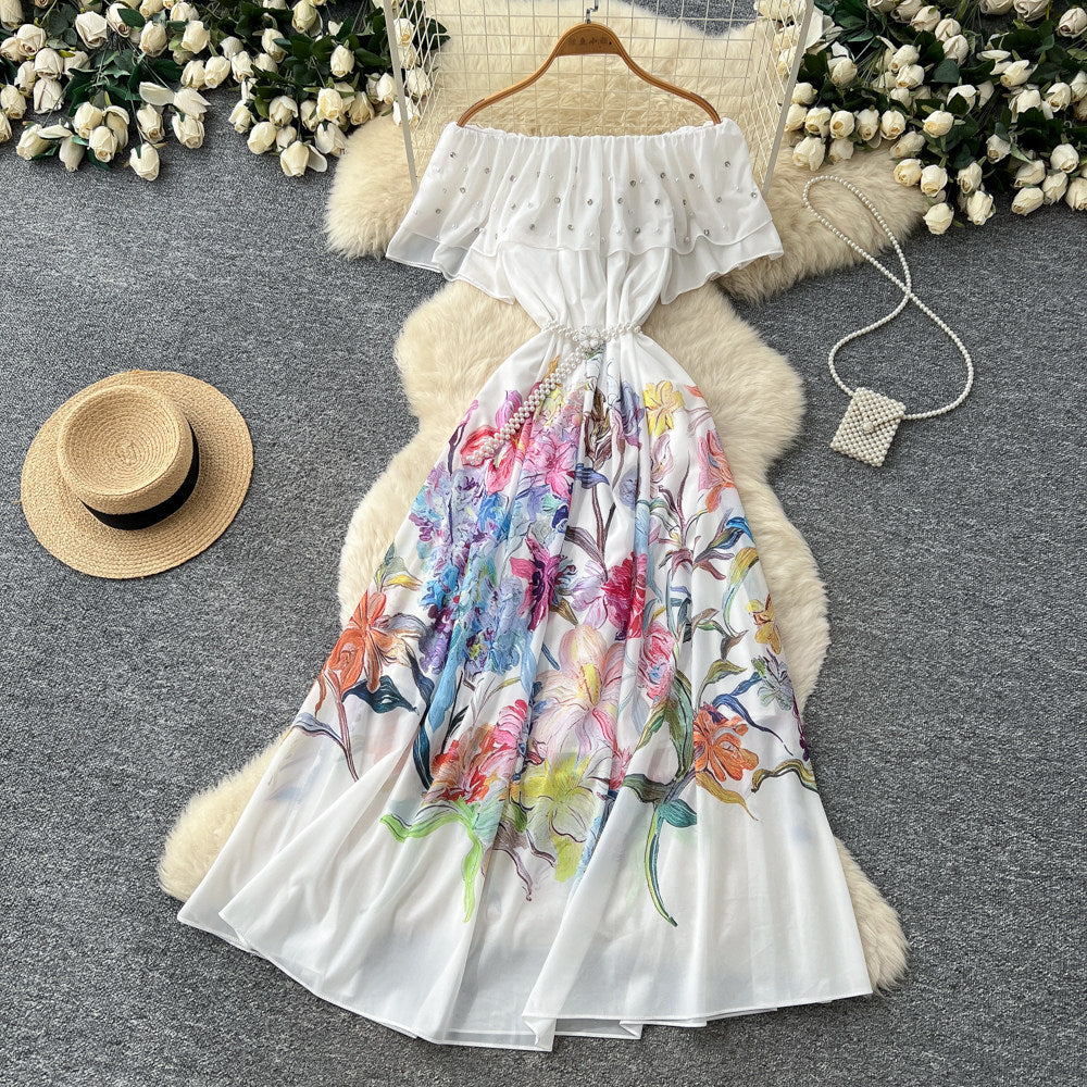 new women's summer sleeveless printed dress with pearl off-the-shoulder neckline, high-waisted a-line skirt, commute-friendly high street style