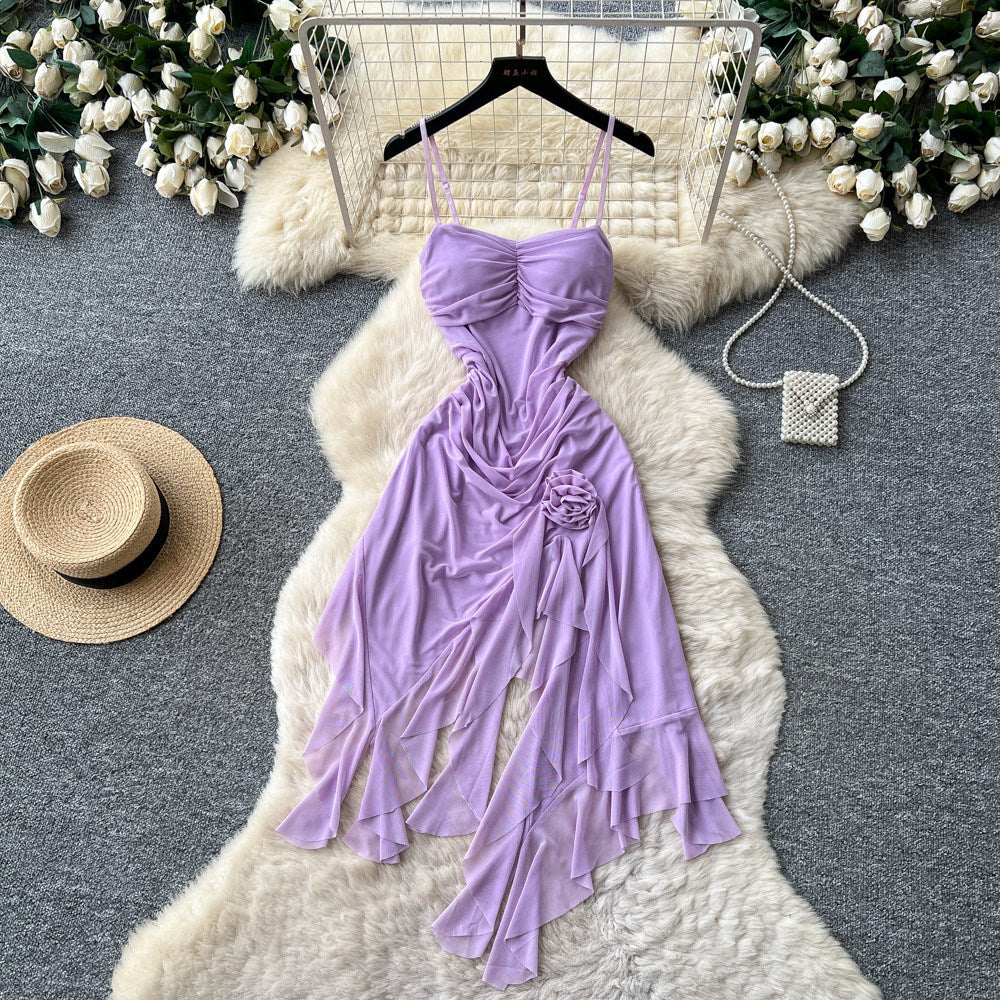 French purple sleeveless cami dress - women's summer floral print, cinched waist, slimming, asymmetrical hem, vacation style maxi dress
