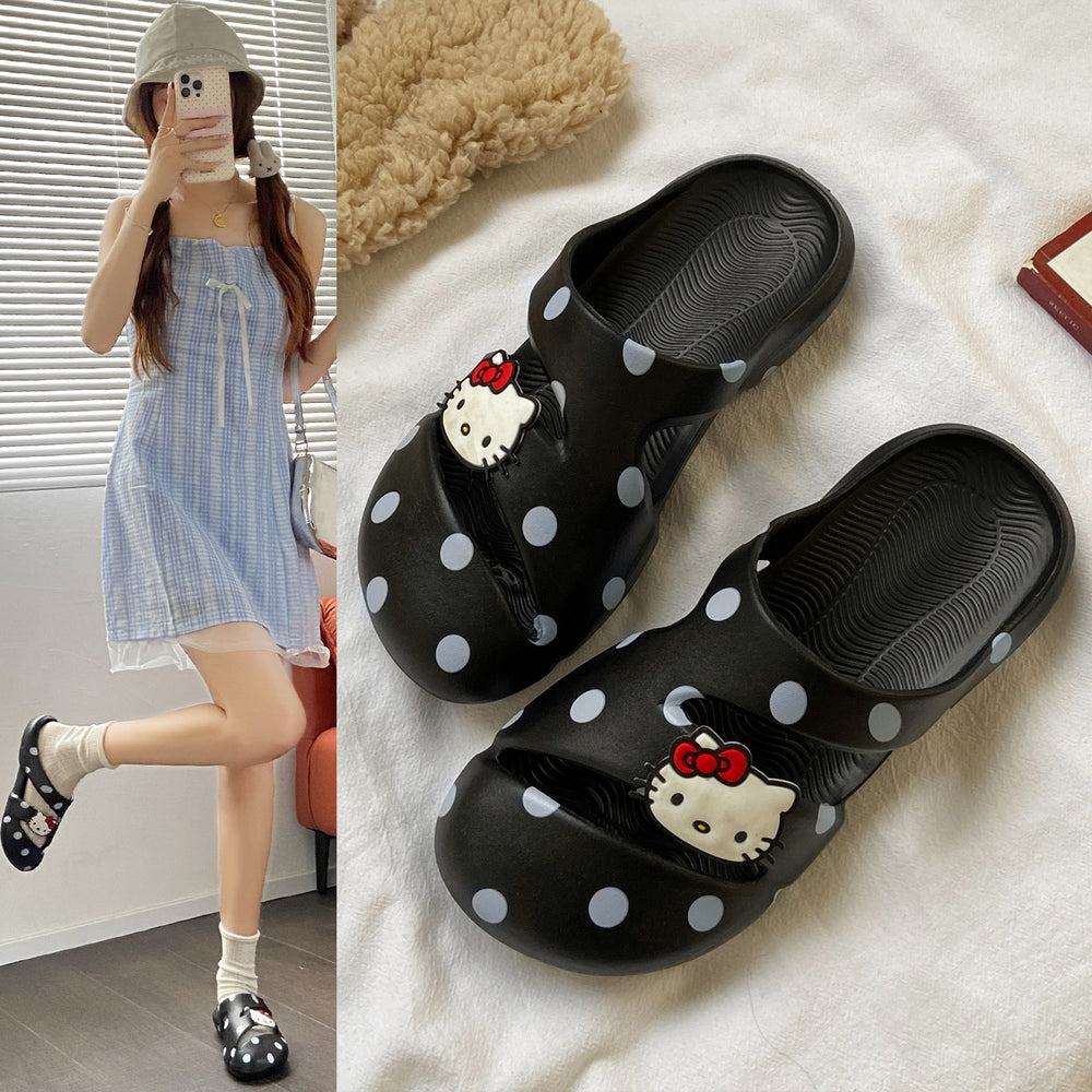 New eva polka dot hello kitty slip-on open-toe women's slippers - summer outdoor wear, thick sole, non-slip casual sandals
