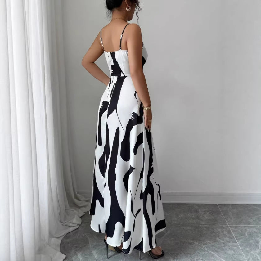 foreign trade  summer new european and american style geometric printing vacation sexy suspender skirt side slit one-step skirt