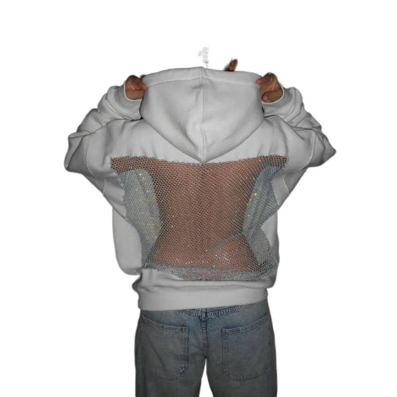 European and american cross-border  fall/winter new women's fashion  style solid color backless cutout mesh hoodie sweatshirt
