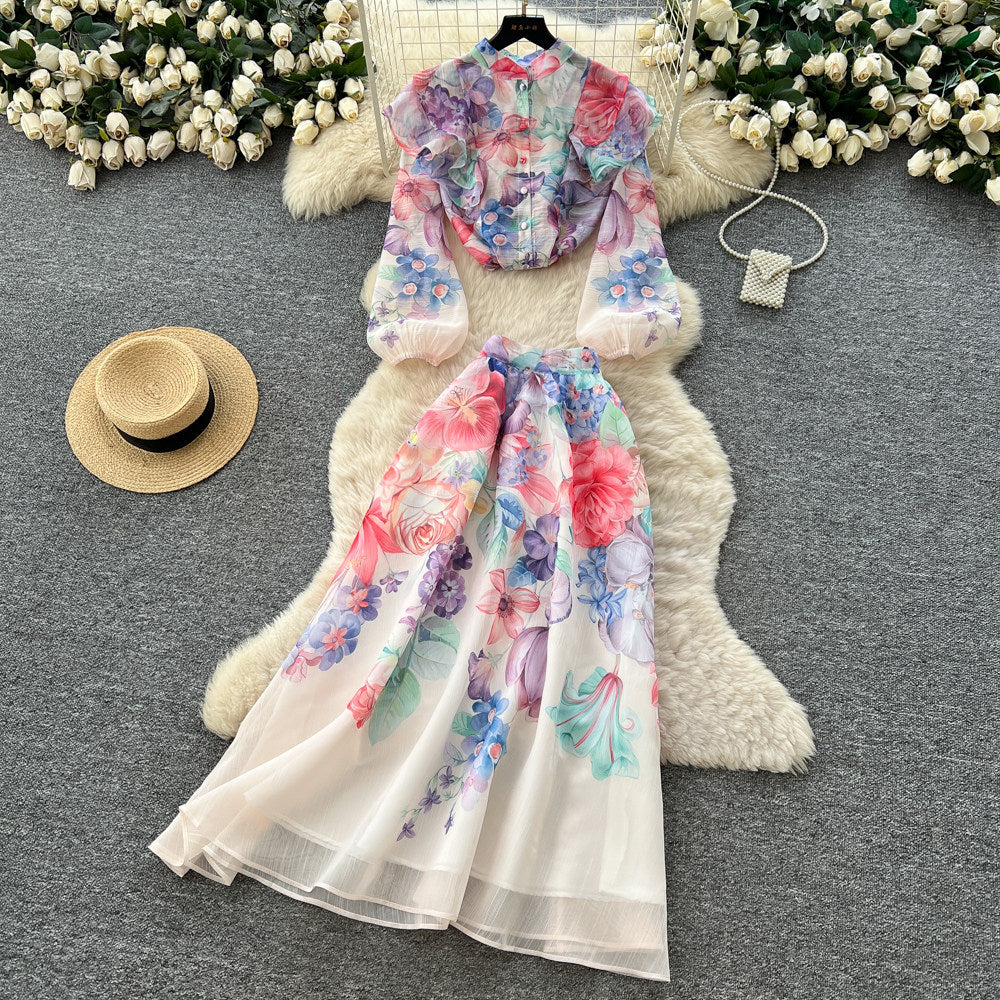 Korean style commute-inspired printed two-piece set for women, spring/autumn 2026, slim-fit high-waisted a-line skirt, vacation-ready outfit