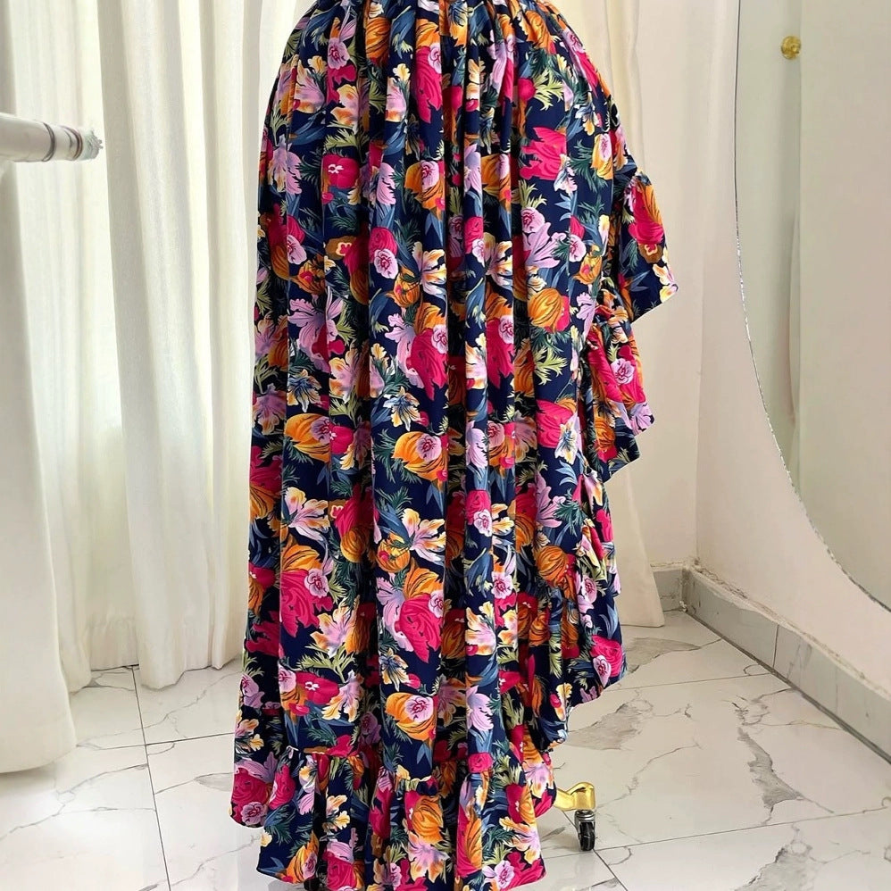 European and american cross-border women's fashion:  spring new arrivals - stylish v-neck printed high-waisted dress with lace sleeves and asymmetrical hem