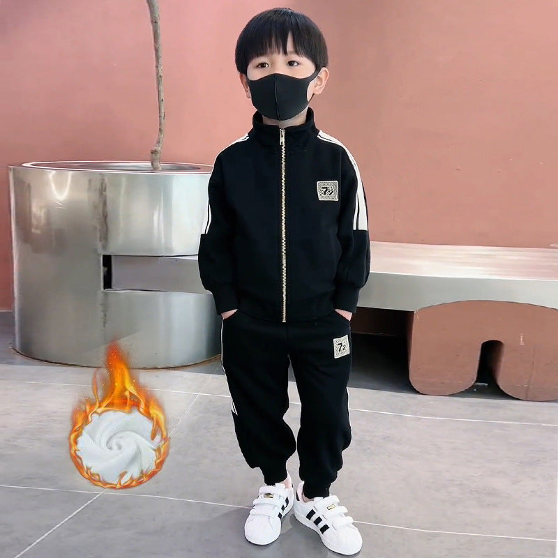 Boys' fall/winter  fleece-lined hoodie set - trendy and stylish two-piece outfit for older boys