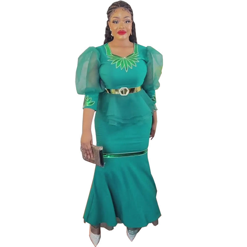 supply of african women's clothing, lotus leaf organza puff sleeve tops and skirt embroidered sequinsuit special price