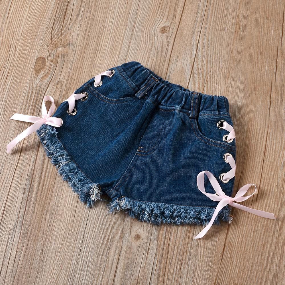 newborn children's wear: european and american style solid color bowknot bandeau top and tie-waist denim shorts two-piece set