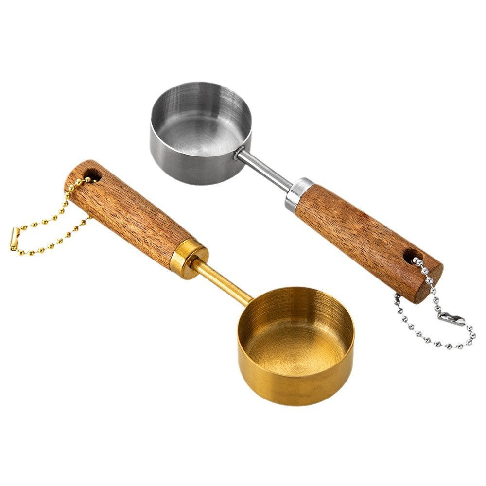 Italian wood coffee short handle measuring spoon solid wood handle stainless steel measuring spoon cross-border coffee mini spoon powder hammer