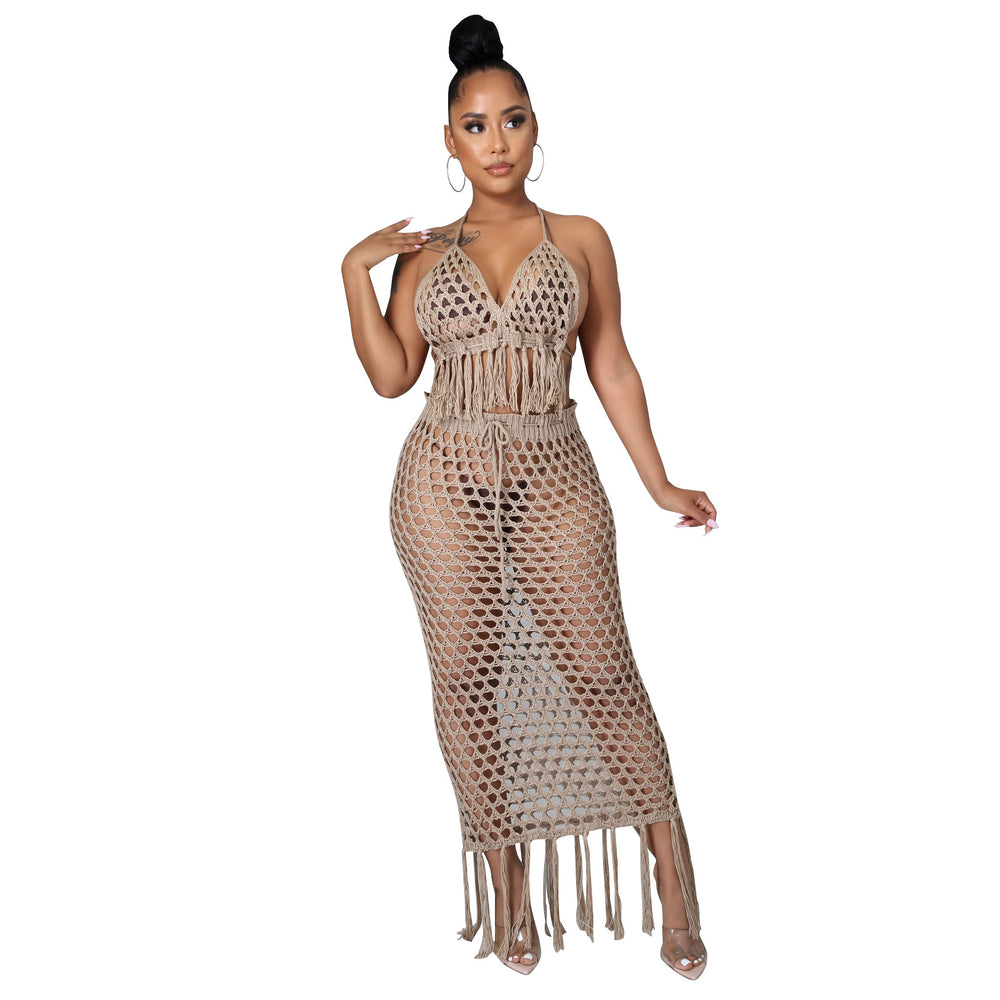 e-commerce source factory: european and american sexy women's knitted set, cutout swimsuit beach cover-up two-piece set