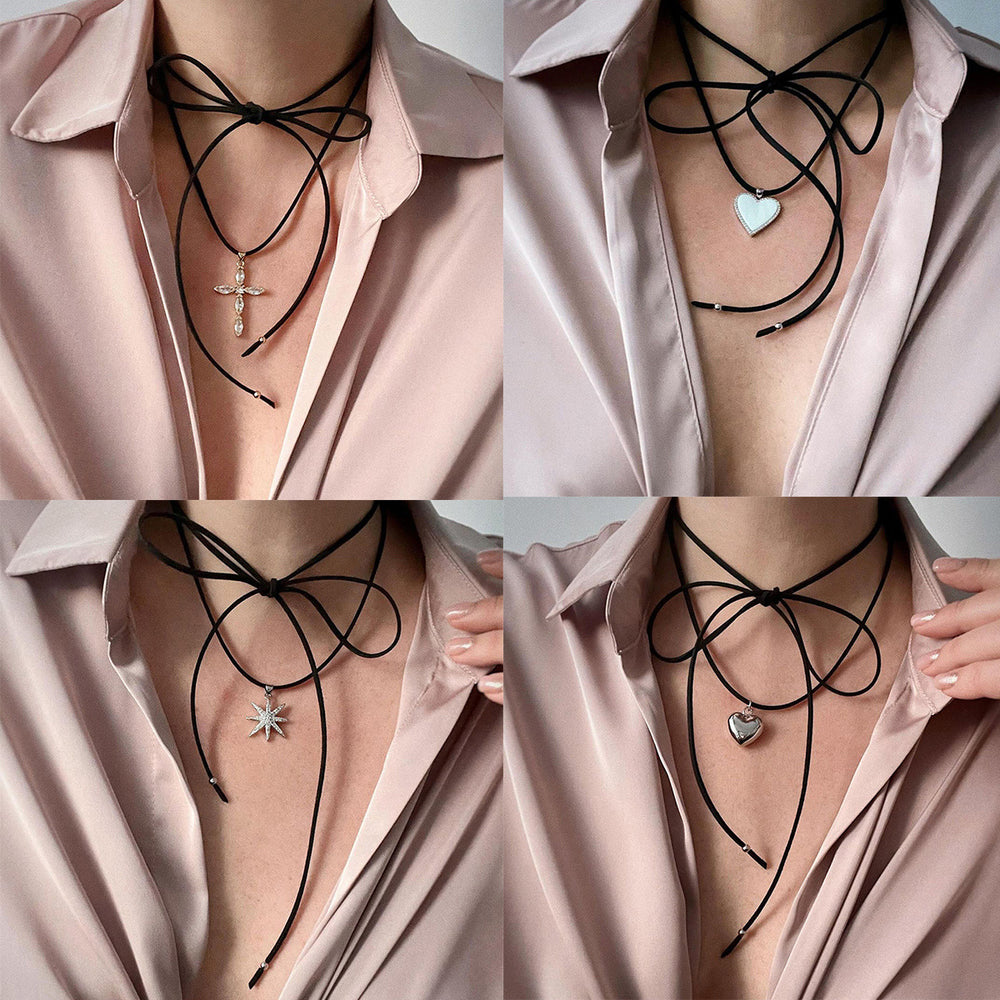 Wholesale heart cross pendant necklace - trendy adjustable choker with star accents for women (us/eu cross-border)