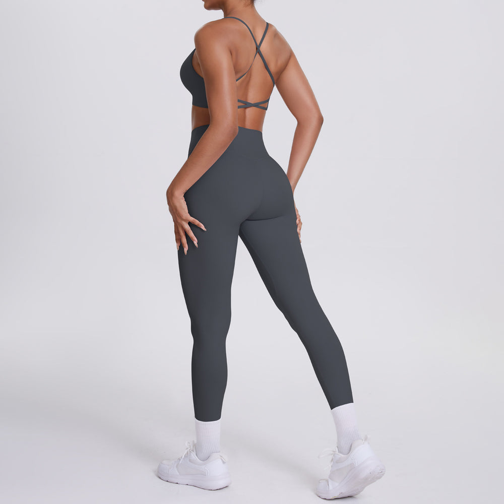 New arrival cross-border fashion double-sided nylon beautiful back tight cross sports yoga suit running fitness two-piece set