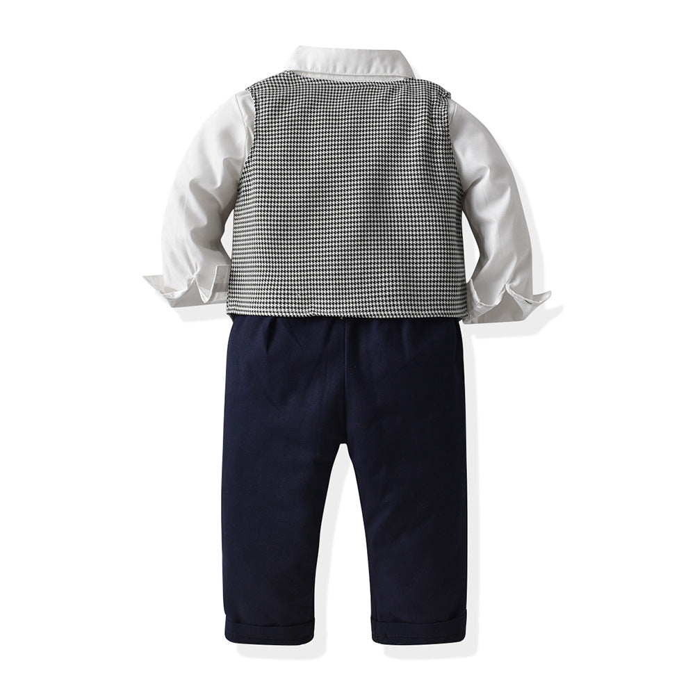 Boys' british style plaid vest, shirt, and overalls three-piece set - stylish outfit for baby boys' birthday parties and performances