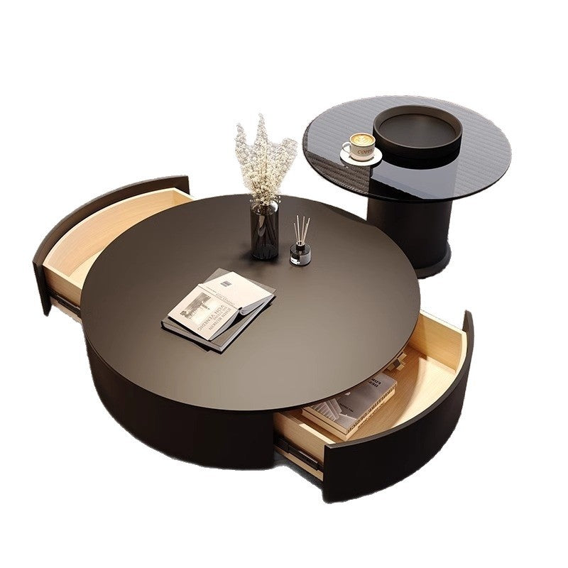 Black rock slab italian minimalist coffee table - modern simple living room home use, small to large round tea table, high-end designer style