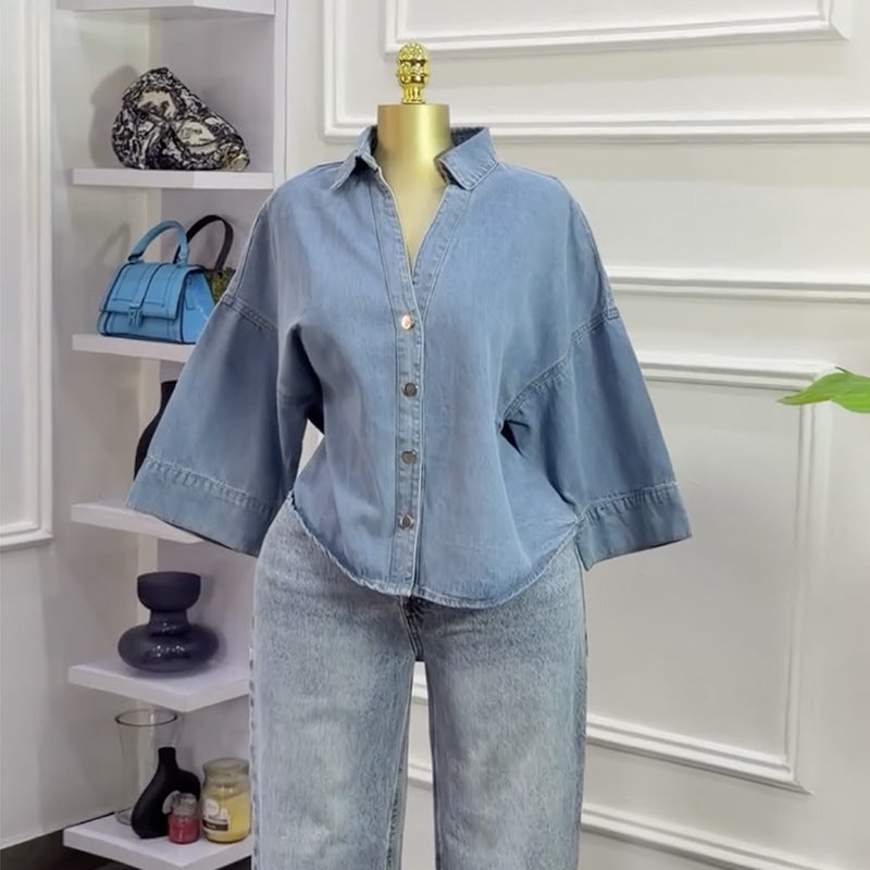 European and american cross-border women's fashion:  summer new arrival - stylish, loose-fit, plus-size, turn-down collar blue denim shirt jacket top