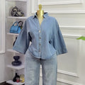 European and american cross-border women's fashion:  summer new arrival - stylish, loose-fit, plus-size, turn-down collar blue denim shirt jacket top