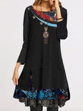 european and american trendy women's lace button fashion print loose long sleeve round neck dress