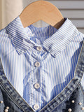 spring new arrival: cross-border shirt collar dress + denim beaded vest two-piece set