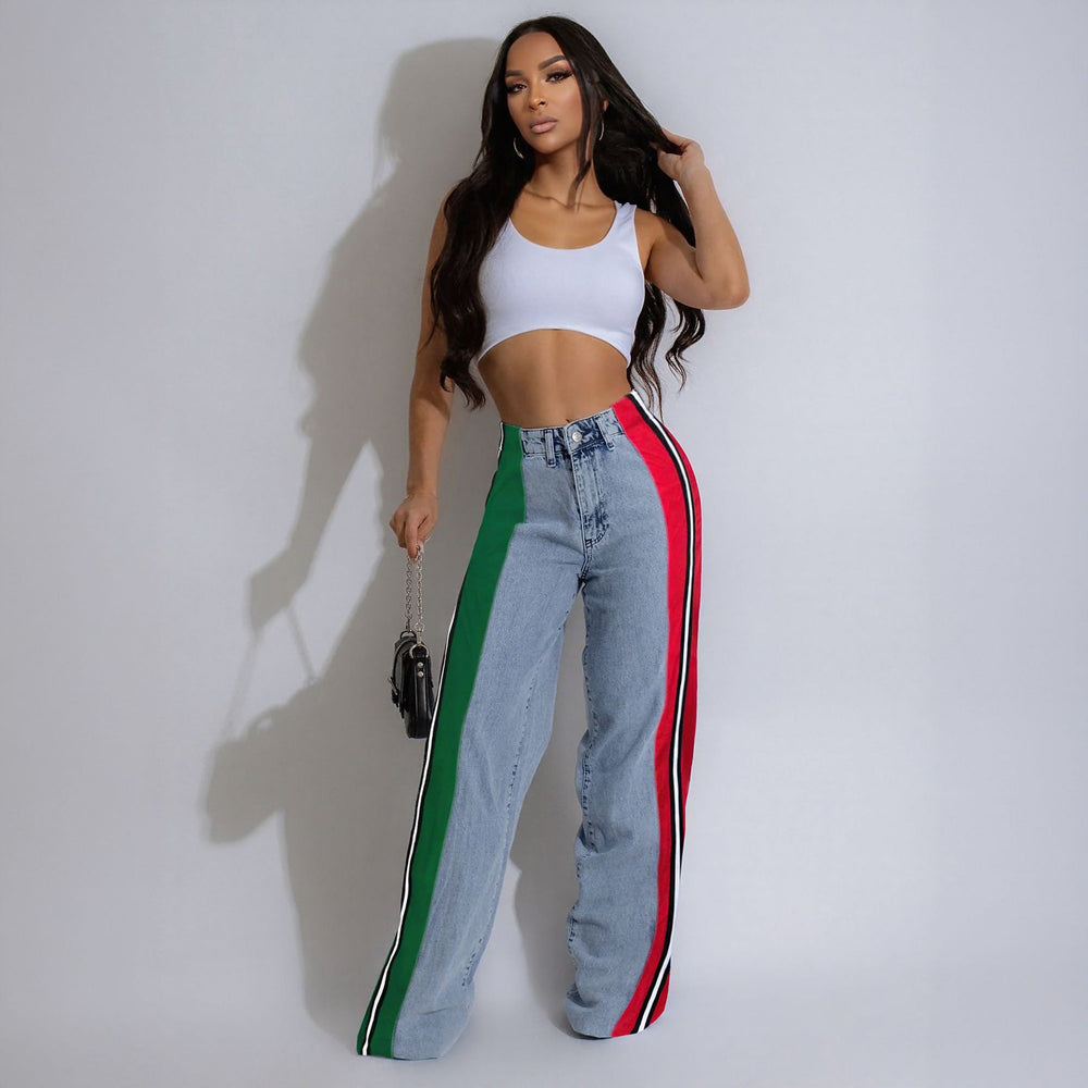 Best selling european and american clothing fashionpatchworkstripescontrast color denim pants new arrivalcasual waist elastic straight-leg pants