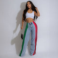 Best selling european and american clothing fashionpatchworkstripescontrast color denim pants new arrivalcasual waist elastic straight-leg pants