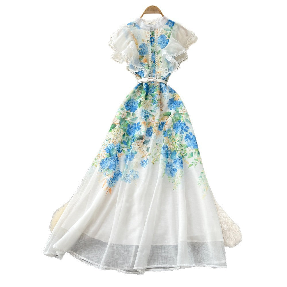 Vacation style v necktie back waist printingdress women's summer new arrivalruffle sleeves slimming lookelegantwork clothing long skirt