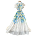 Vacation style v necktie back waist printingdress women's summer new arrivalruffle sleeves slimming lookelegantwork clothing long skirt