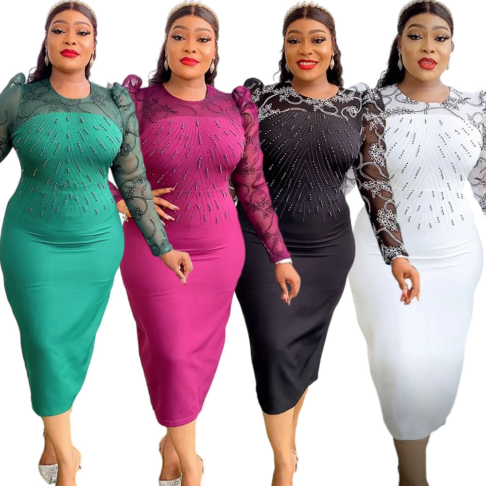 European and american fashion women's workwear elegant bodycon dress african  plus size organza patchwork beaded dress