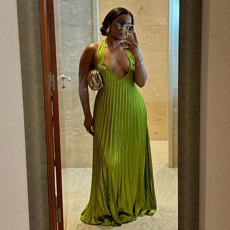 European and american women's clothing  summer new sweet and fresh halter v-neck backless pleated maxi dress