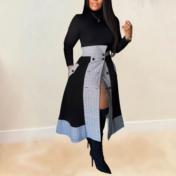 S10608 European and American, slim fit, long-sleeved small turtleneck plaid split medium and long skirt two-piece set